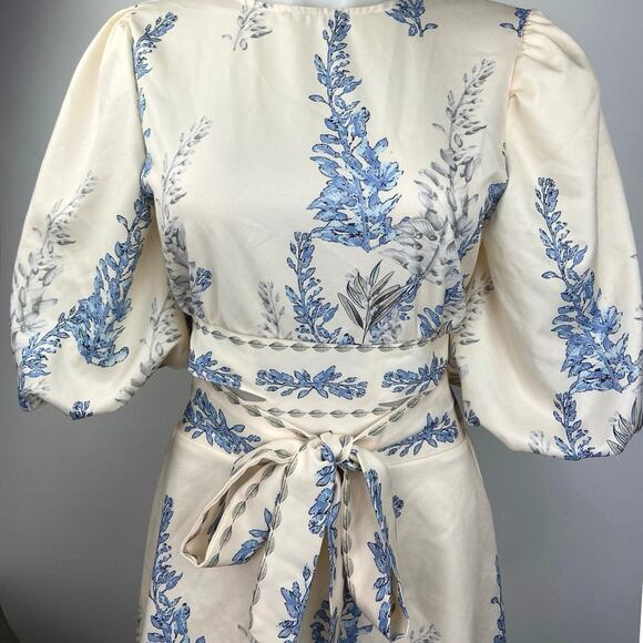 Shein White Plants Print Cut Out Tie Back Lantern Sleeve Boho A Line Dress Sz S - Picture 6 of 8